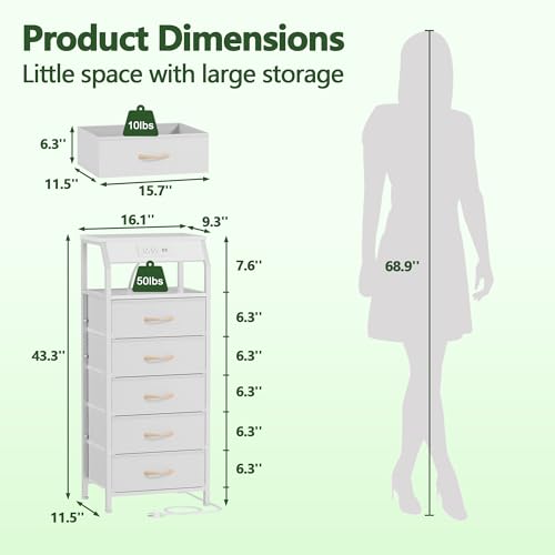 Furnulem 5 Drawers Dresser with Charging Station, Tall Night Stand with Open Shelf, Storage Tower with PVC & Fabric Drawer, Bedside Table for Bedroom, Closet, Entryway, 3 Ways to Use, White - color: White, size: 5 Drawer