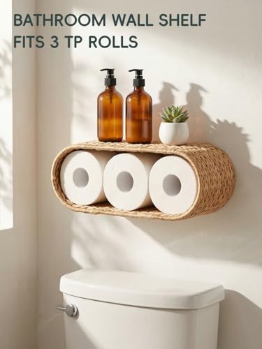 Coeusy Boho Rattan Wall Shelf for Bathroom, Wicker Wall Shelf for Toilet Paper Storage Holder, Handwoven Water Hyacinth Natural Decor for Over The Toilet, 2-Tier