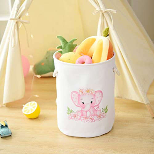 INough Laundry Baskets Kids Laundry Hamper, Pink Baby Hamper Elephant Basket Large Collapsible Kids Hamper with Handles Waterproof Round Linen Storage Basket for Toddler/Girls (Pink Elephant) - color: Pink Elephant