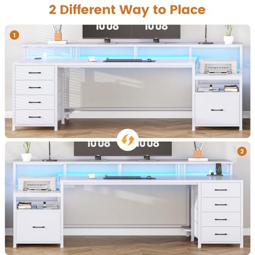 SEDETA White Computer Desk with 5 Drawer & Power Outlet, 75'' Home Office Desk with File Drawer, Storage Shelves, Printer Cabinet and Monitor Shelf, Gaming Desk with Led Lights, 23.6" W Desktop - color: White, size: 75X23.6inch