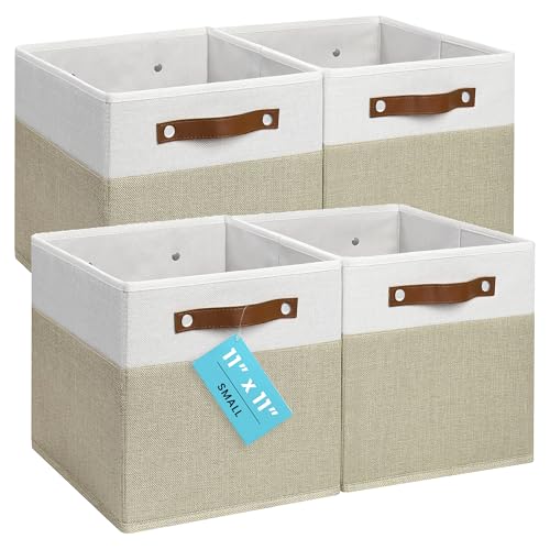 OrganiHaus 11" x 11" x 11" Fabric Cubes Storage Bins Set of 4, Foldable Collapsible Canvas Storage Bins for Organizer, Toy Organizer for Kallax, 11 Inch Linen Cube Shelf Baskets - Beige/White - color: Beige Base / Off-White, size: (11x11) Leather Handles
