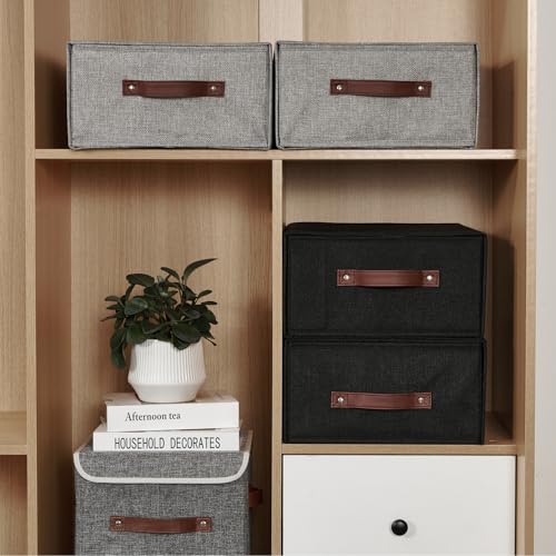 4PCS Closet Drawer Organizer Stackable Fabric Storage Boxes Bins Baskets with Lid PU Leather Handles Foldable Washable Cotton Linen Wardrobe Shelf Cloth Towels Container (Gray, Large) - color: Gray, size: Large ( Set of 4 )