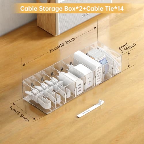 FRETONBA 2 Pack Cable Storage Organizer Box with 8 Compartments and 14 Wire Ties, Stackable Charger Organizer, Clear Cord organizer for Drawer, Adjustable Divider Cord Management Box - size: Small 2Pcs