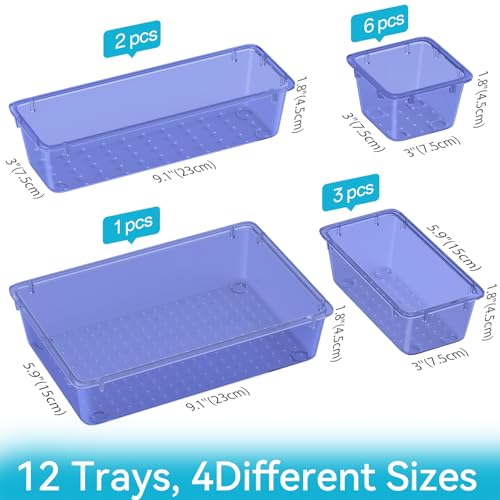 ElegantArray 12 PCS Drawer Organizer Set, 4 Sizes Tool Storage Trays, Clear Plastic Makeup Vanity Organizer and Storage Bins for Stationeries, Multiple Gadgets for Office, Bedroom, Navy Blue - color: Navy Blue, size: 12 PCS