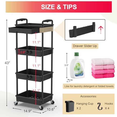 Goovilla 4 Tier Rolling Utility Cart Organizer with Removable Drawer, Stable and Sturdy Black Rolling Storage Carts with 2 Lockable Wheels for Bathroom, Kitchen, Snack, Craft, Makeup, Baby Essentials - size: 4 Tier, style: Black