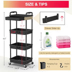 Goovilla 4 Tier Rolling Utility Cart Organizer with Removable Drawer, Stable and Sturdy Black Rolling Storage Carts with 2 Lockable Wheels for Bathroom, Kitchen, Snack, Craft, Makeup, Baby Essentials - size: 4 Tier, style: Black