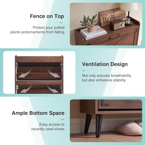 Barnyatoh Shoe Storage Cabinet,Farmhouse Shoe Organizer with 2 Flip Drawers & Barn Door Design,Freestanding Hidden Slim Narrow Shoe Rack Cabinet for Entryway,Foyer,Hallway,Walnut - color: Walnut, size: 2-Drawers