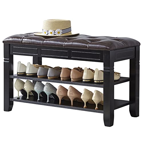 LEILISI Shoe Bench, Storage Rack Organizer with Cushion 2 Tier Lift Top Shoe Rack for Entryway Living Room Bedroom Hallway Wooden Furniture (Black, 31.5'') - color: Black, size: 31.5
