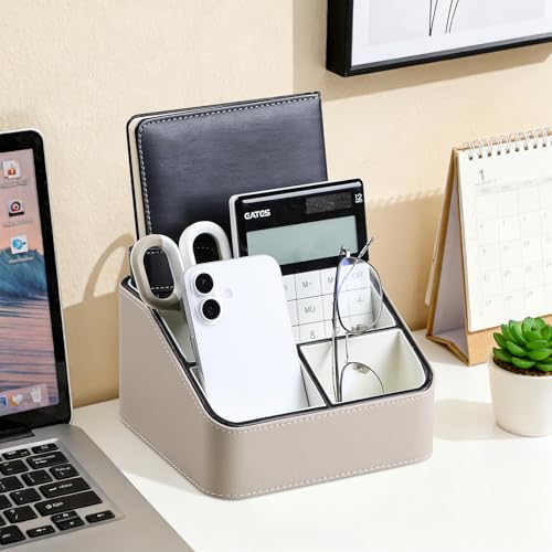 Remote Control Holder, PU Leather Small Desk Organizer with 4 Compartments, Nightstand Organizer Office Desk Accessories Desk Caddy for Countertop Bedside End Table (Beige) - color: Beige