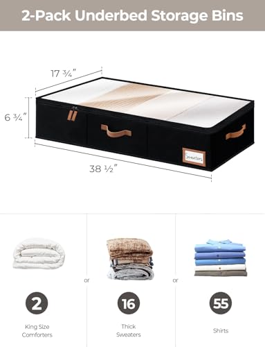 StorageWorks Extra Large Under Bed Storage Containers with Handles and Label Holder, 2 Pack Ultra-thick Fabric Underbed Bins, Closet Organizer for Clothes, Blankets, Sweater - color: Black, size: Extra Large-without Wheels