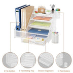 Marbrasse Desk Organizer with File Holder, 5-Tier Paper Letter Tray Organizer with Drawer and 2 Pen Holder,Mesh Desk Organizers and Accessories,Desktop Organizer and Storage for Office Supplies(White)
