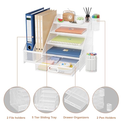 Marbrasse Desk Organizer with File Holder, 5-Tier Paper Letter Tray Organizer with Drawer and 2 Pen Holder,Mesh Desk Organizers and Accessories,Desktop Organizer and Storage for Office Supplies(White)