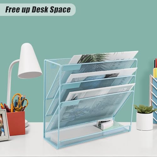 EASEPRES Desk File Organizer Mesh 4-Tier, Hanging Wall Mount Document Organization Stand, Desktop Vertical Mail Paper Folder Holder Rack with Bottom Tray for Office Home Cubicle Countertop, Blue - color: Blue, size: 4 Tier