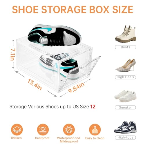 INSTY 12 Pack Large Shoe Storage Box, Clear Shoe Storage Organizer with Magnetic Door, Stackable,Shoe Containers For Display Sneakers, Easy Assembly, Fit up to US Size 12, Clear - color: Clear, size: 12
