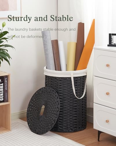 SETVSON Laundry Basket with Lid Round Rattan Laundry Hamper with Lid and Handles 29.1 Gal (110 L) Handwoven Woven Basket with Removable Bags and 2 Mesh Bags for Bathroom Living Room Black - color: Black, size: 110L