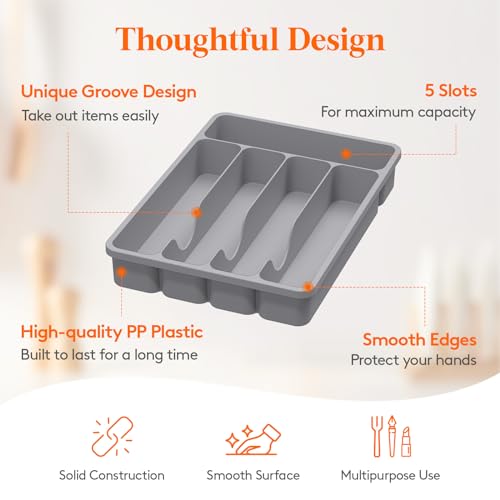 Lifewit Silverware Drawer Organizer Tray, Plastic Cutlery Storage for Kitchen, Flatware and Utensil Holder Divider for Spoons Forks Knives Tableware, 9.1 x 12.6", 5 Slots, Gray - color: Gray, size: 9.1 x 12.6 inch (5 Slots)