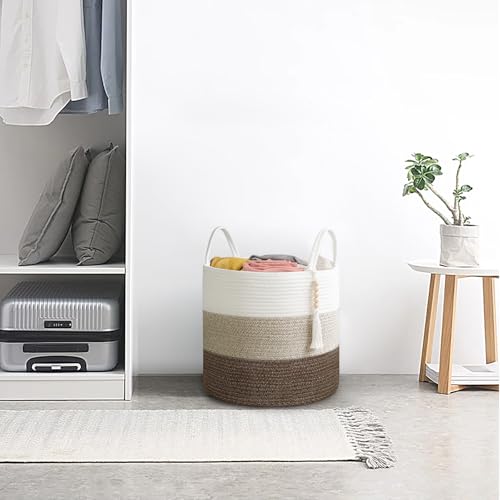 Mkono Woven Storage Basket Decorative Natural Rope Basket Wooden Bead Decoration for Blankets,Toys,Clothes,Shoes,Plant Organizer Bin with Handles Living Room Home Decor, 16" W × 13.8" L - color: Gradient Brown, size: 16" W × 13.8"L