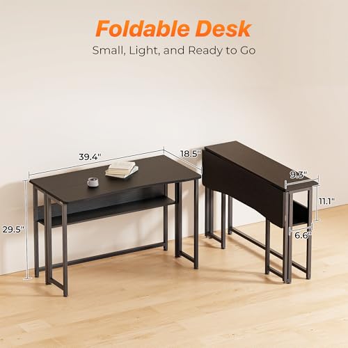 Huuger Folding Desk with Storage Shelf, 39.3 Inch Foldable Computer Table for Small Spaces, Space Saving Sofa Table for Couch, Writing Work Office Computer Desk, Easy to Fold, Black - color: Black, size: 18.5"D x 39.4"W