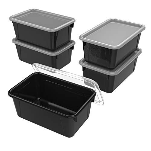 Storex Small Cubby Bins – Plastic Storage Containers for Classroom with Non-Snap Lid, 12.2 x 7.8 x 5.1 inches, Black, 5-Pack (62463U05C) - color: Black, style: Bin with Cover