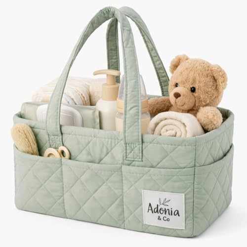 Adonia & Co Diaper Caddy Organizer – Nursery Storage Basket for Newborn Essentials Must Haves & Baby Must Haves – Portable, Machine Washable Baby Diaper Bag Organizer (Green) - color: Green