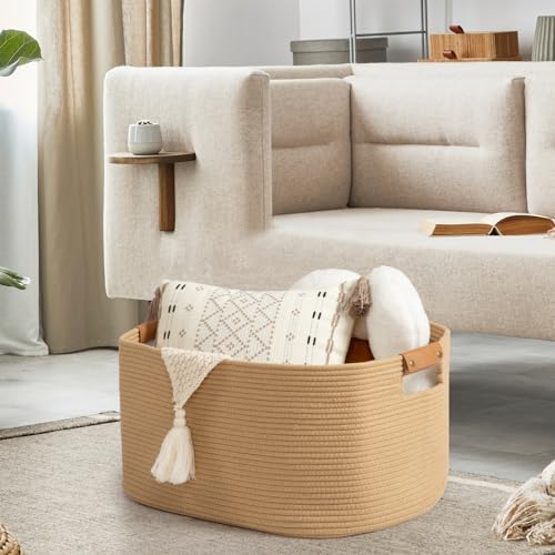 danpinera 108 L Blanket Basket for Living Room, Toy Basket With Leather Handle, Large Storage Bins for Toys, Pillows, Clothes, Rectangle Large Cotton Rope Basket, 25’’*16’’*16’’ Jute - color: Jute, size: 108L