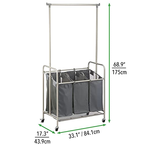 mDesign Portable Laundry Sorter with Wheels and Garment Hanging Bar - Heavy Duty Metal Cart System with 3 Hamper Laundry Sorter Basket Organizers and Drying Rack - Satin/Dark Charcoal Gray