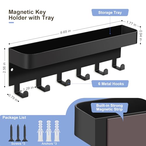 RELBRO Magnetic Key Holder for Fridge, Metal Wall Mount Key Rack with Shelf, 6 Hooks, 2 Installation Options, Black - color: Black