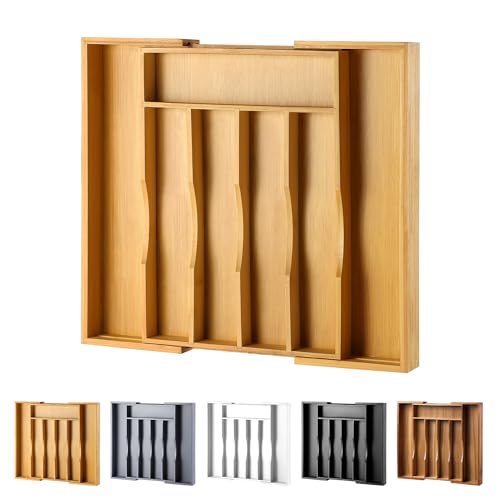 Expandable Bamboo Kitchen Drawer Organizer for Cutlery and Utensils, Adjustable Bamboo Wood Cutlery Tray in Drawer for Flatware and Silverware in Kitchen, (Natural) - color: Natural, size: 7 Slots Expandable