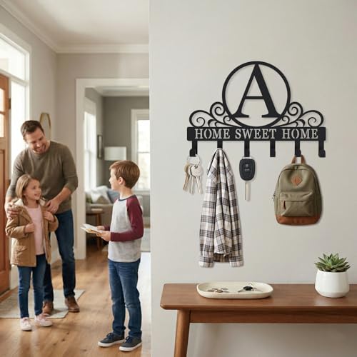 Metal Letter A Key Holder for Wall, Monogram Coat Rack Wall Mount, Key Hooks Perfect for Bathroom, Living Room, Kitchen, Office Ideal Wedding, Anniversary, Housewarming Gift (A) - style: A