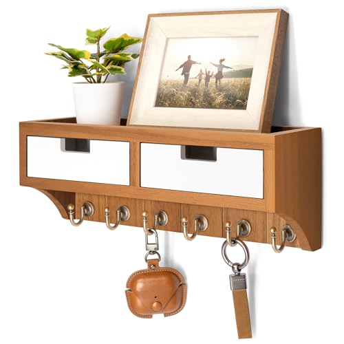 Rebee Vision Modern Farmhouse Key Holder Wall Mount with 2 Drawer Organizer : Mail Organizer with 6 Key Hooks and Wall Shelf - Home Organization for Room Decor (Light Brown & White) - color: Light Brown & White, style: 2-Drawer