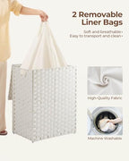 Greenstell Laundry Hamper with 2 Removable Liner Bags，90L Divided Clothes Hamper, Handwoven Synthetic Rattan Foldable Laundry Basket with Lid and Handles White (18.5 x 13.3 x 24.0Inches) - color: White, size: 90L (18.3x13.3x24.0 Inches)