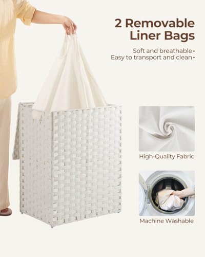 Greenstell Laundry Hamper with 2 Removable Liner Bags，90L Divided Clothes Hamper, Handwoven Synthetic Rattan Foldable Laundry Basket with Lid and Handles White (18.5 x 13.3 x 24.0Inches) - color: White, size: 90L (18.3x13.3x24.0 Inches)