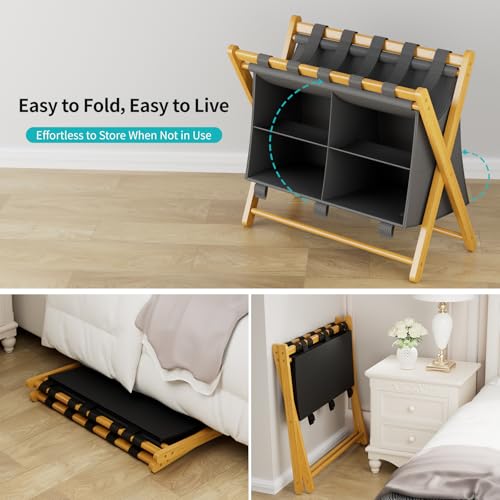 Natural Bamboo Luggage Rack with 4 Storage Compartments ，Foldable Suitcase Stand, Luggage Rack for Guest Room , 150lbs Capacity, Sturdy, - color: Natural 1 Pcs