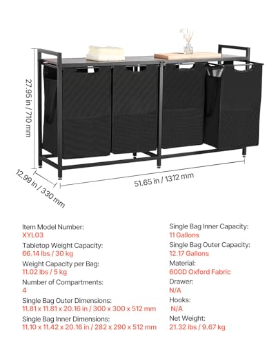 VEVOR 4 Section Laundry Sorter, Large Laundry Hamper with Metal Frame and Wooden Tabletop, Freestanding Storage Organizer Baskets with Pull-Out 600D Oxford Cloth Bags for Dirty Clothes, Bathroom - style: 4 Section