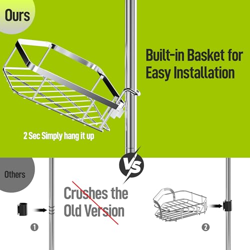 LAMU Shower Caddy Corner Tension Pole, Stainless Steel Shower Organizer, Strong Spring, 5 Adhesive Pads, 2.4 in Non-Slip Grid Base, Adjustable 4-Tier Basket, 4 Hooks, Fits Heights 37.8-124 in, Silver