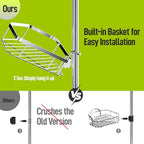 LAMU Shower Caddy Corner Tension Pole, Stainless Steel Shower Organizer, Strong Spring, 5 Adhesive Pads, 2.4 in Non-Slip Grid Base, Adjustable 4-Tier Basket, 4 Hooks, Fits Heights 37.8-124 in, Silver
