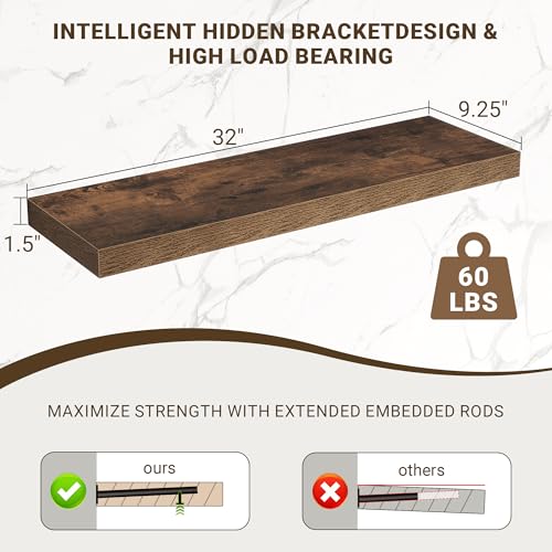Acovy 32 Inch Floating Shelves, 3D Textured Wood Grain, 32"x9.25"x1.5" Inch Deep Floating Shelves for Wall, Wooden Shelves for Bathroom, Bedroom, Living Room, Brown, 2 Pieces - color: Brown, size: 32"x9.25"-2pcs