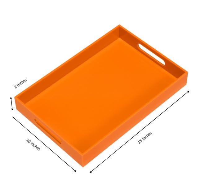 KEVLANG Orange Sturdy Acrylic Serving Tray with Handles-10x15Inch-Serving Coffee,Food,Breakfast,Butler-Kitchen Countertop Tray-Makeup Drawer Organizer-Vanity Table,Ottoman Tray-Decorative Tray - color: Glossy Orange, size: 15" x 10" x 2"