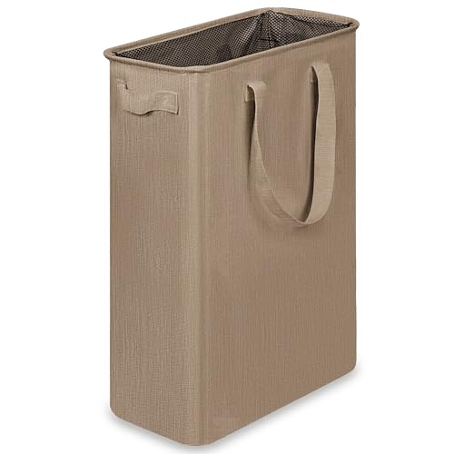efluky Slim Laundry Basket, Narrow Laundry Hamper with Handles, Collapsible Dirty Clothes Hamper, Tall Laundry Bin for Laundry Room, Dorm and Bedroom, 12.7 Gallons(48L) Flax Brown - color: Flax Brown, size: 48L without Lid