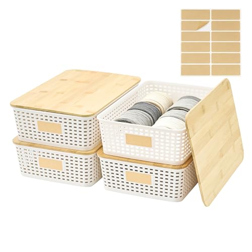Bagnizer 4 Pack Plastic Storage Bins with Bamboo Lids, 6.2qt Stackable Storage Organizer Box with Lable for Pantry Shelves Drawers Desktop Office, 12"L x 8.5"W x 3.5"H, Cream White - color: Cream White, size: Shallow- 4 Pack