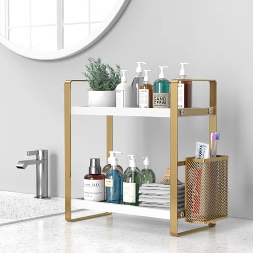 LEMIKKLE Bathroom Counter Organizer with Basket, Perfume,Makeup Organizers for Vanity,Storage Organizers for Bathroom, Kitchen, Dresser（White） - color: White
