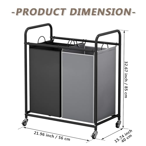 SUOERNUO Laundry Hamper Basket 2 Bag Laundry Sorter Cart with Rolling Lockable Wheels and Removable Bags Laundry Organizer Cart for Clothes Storage - color: Black+Grey, size: 2 Bags