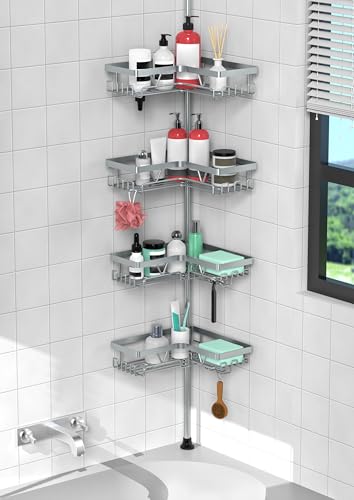 KEGII 4-Tier Corner Shower Caddy Tension Pole - Adjustable Shower Tension Rod Organizer, Floor to Ceiling Shower Caddy 25-114.2 inch, Shower Towel Rack Corner Waterproof, Light Gray - style: Tension Caddy - Light Gray