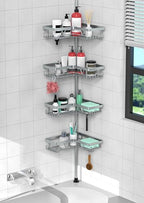 KEGII 4-Tier Corner Shower Caddy Tension Pole - Adjustable Shower Tension Rod Organizer, Floor to Ceiling Shower Caddy 25-114.2 inch, Shower Towel Rack Corner Waterproof, Light Gray - style: Tension Caddy - Light Gray