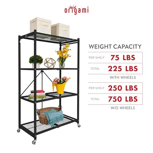 Origami 4 Pack 4 Tier Foldable Metal Garage Storage Shelf Rack, Wheels & Powder Coated Steel, Black - color: Black, size: 4-Pack