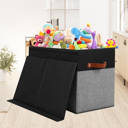 Gowee Large Toy Storage Box with Lid, Sturdy Toys Storage Chest Bin Organizer Basket with Dividers for Kids, Boys, Girls, Nursery, Closet, Bedroom, Playroom 25"x13" x16" (Black and Grey) - color: Black and Grey, size: 25"x13" x16"
