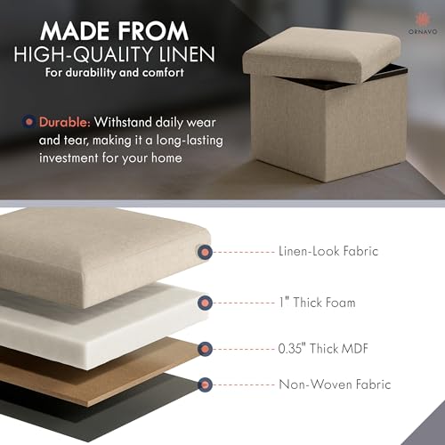 Ornavo Home Small Storage Ottoman Foldable Collapsible Cube Square Linen Ottoman Foot Rest Stool Seat, for Living Room, Bedroom, Home Office, Dorm - 12 x 12 x 12, Taupe - color: Taupe