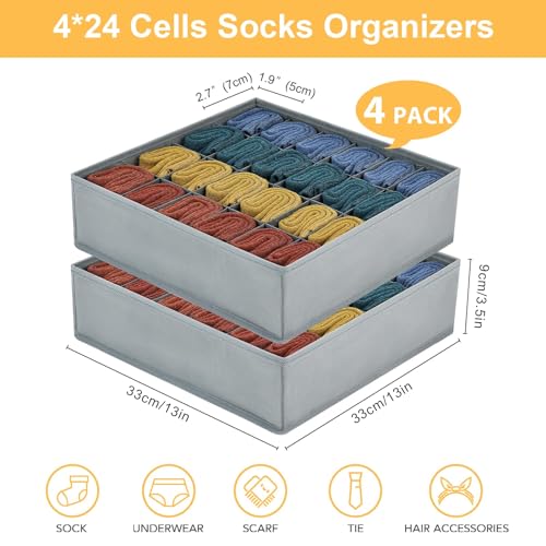 Joyoldelf Sock Drawer Organizer Divider Underwear Organizer 24-cell Fabric Dresser Drawer Organizers Storage Boxes for Socks Lingerie, Handkerchiefs, Ties 4 Pack (Grey) - color: Grey, size: 4*24 cells