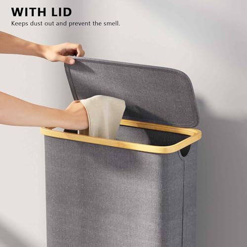 SpaceAid Slim Laundry Hamper with Lid, 65L Narrow Clothes Basket Bin with Bamboo Handles, Skinny Tall Collapsible Hamper for Bedroom, Bathroom, Dorm, Laundry Room - Grey - color: Grey, size: 65 L