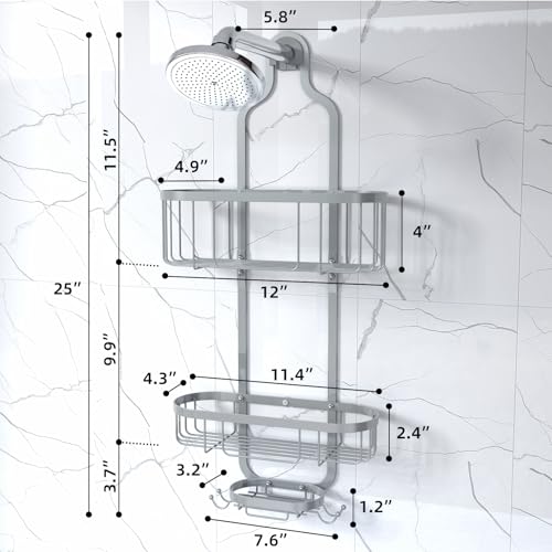 Kadolina Bathroom Hanging Shower Organizer, Over Head Shower Caddy Shower Storage Rack Basket with Hooks for Razor and Sponge Rustproof, Silver [Patented] - color: Silver